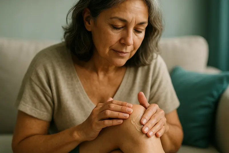 Γυναίκα κάνει μασάζ με Flexosamine gel στο γόνατο με κυκλικές κινήσεις